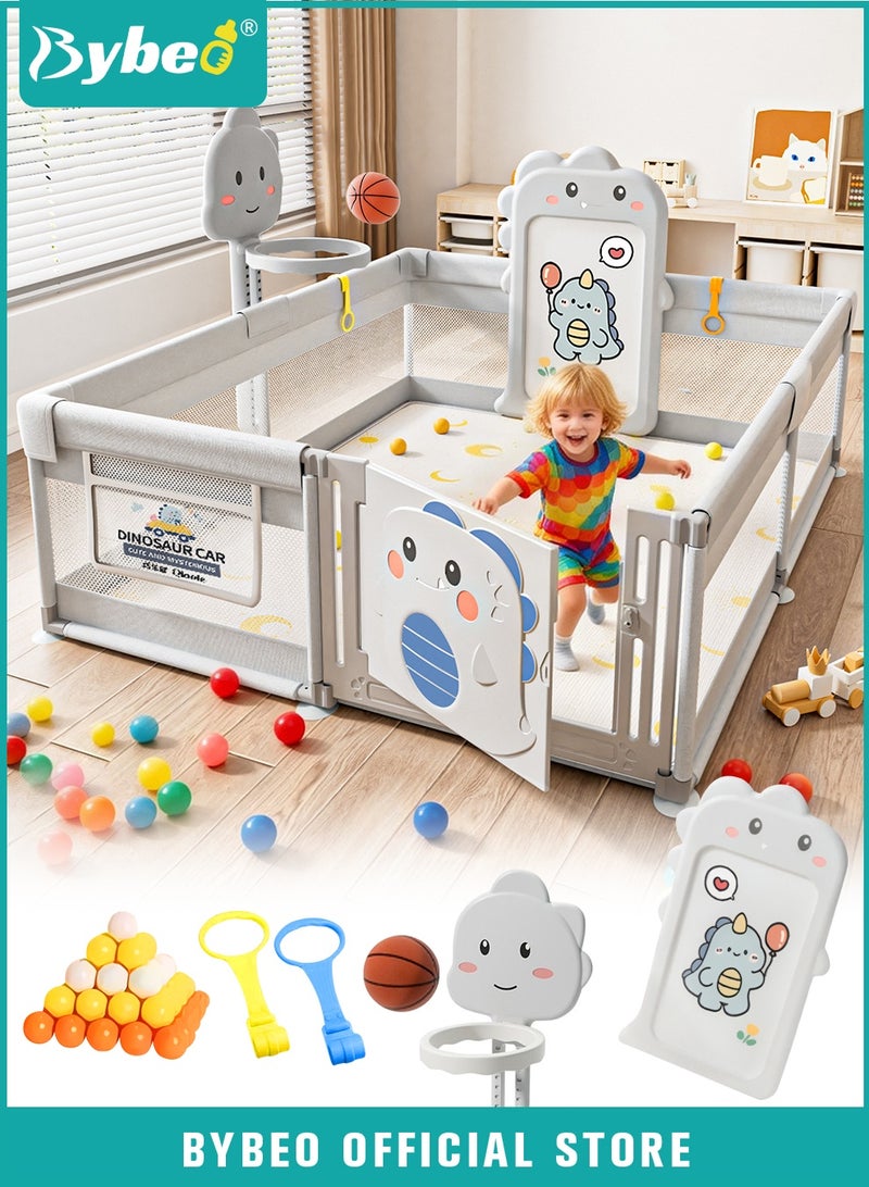 Bybeo Baby Playpen Fence with Door, Portable Baby Playards for Toddlers, Safety Infant Activity Center, Sturdy Play Area with Drawing Board, Basketball Ball and Hoop, 60 Ocean Balls, 2 Pull Rings, 180x200cm - Image 1
